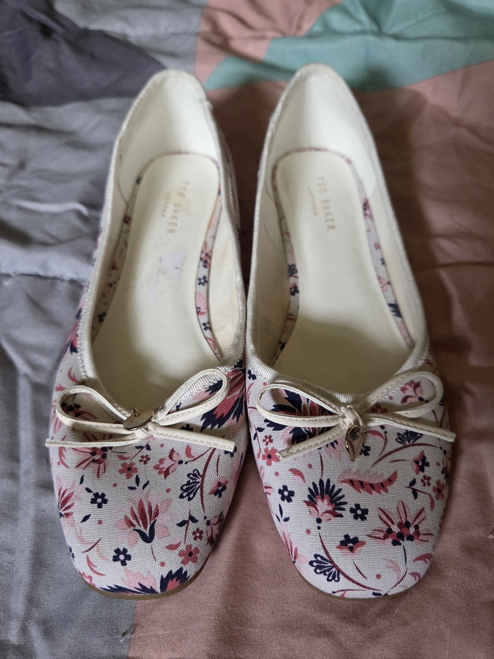 Ted Baker Cream Floral Ballet Flats with Navy and Pink Details